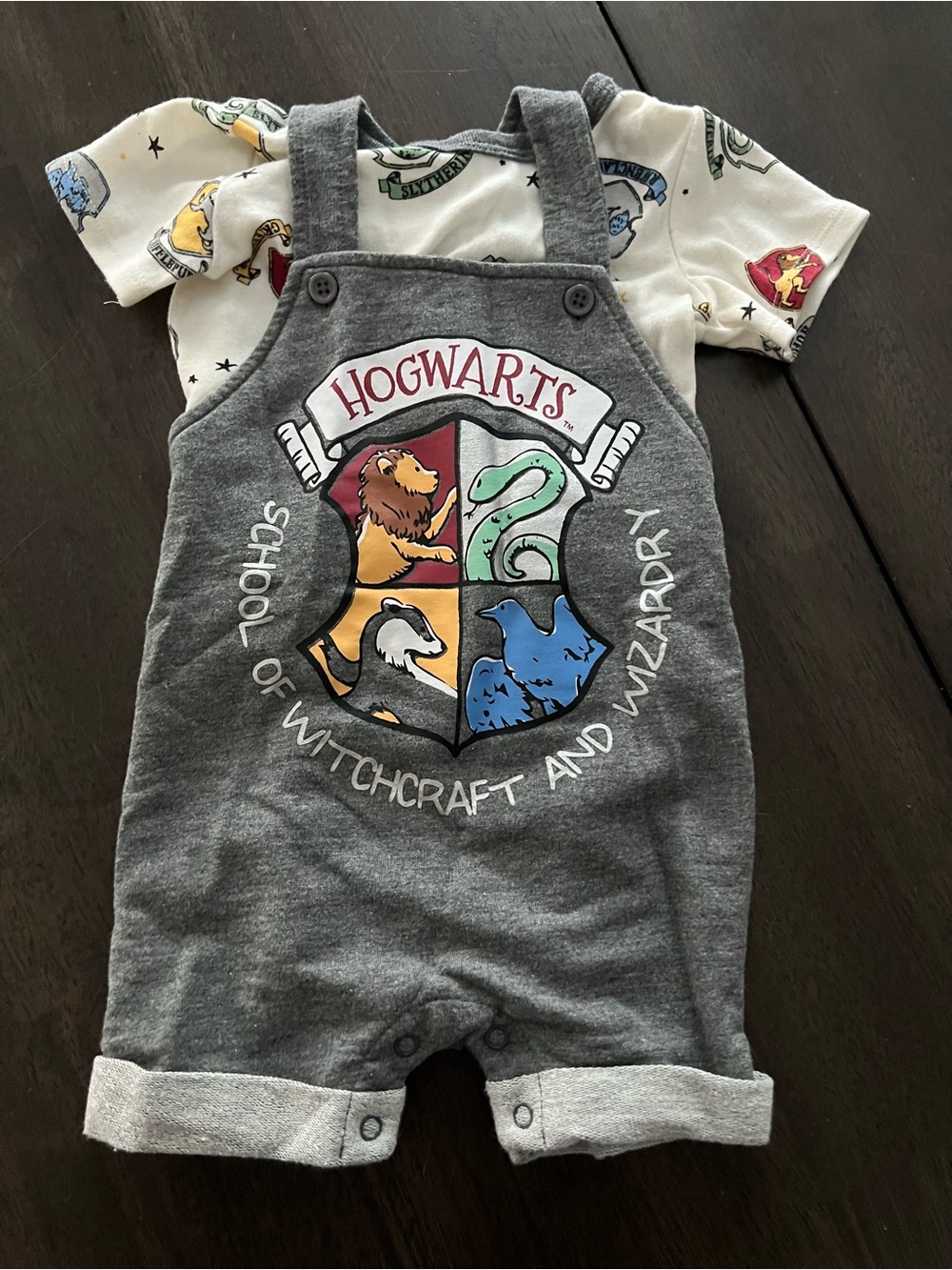 Warner Bros. Baby Grey Knit Romper with Hogwarts Label